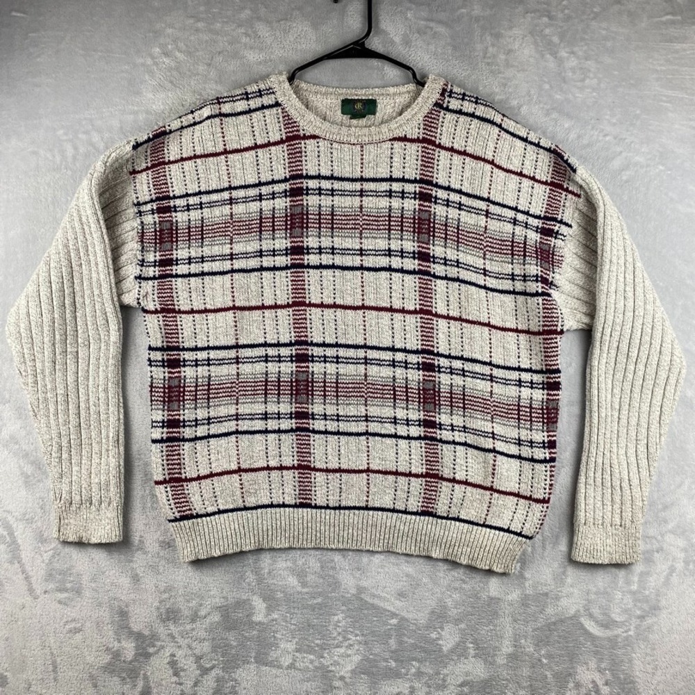 Vintage Club Room Sweater Men XL Ivory Cream Plaid Crewneck Pullover Made In USA - Picture 2 of 8
